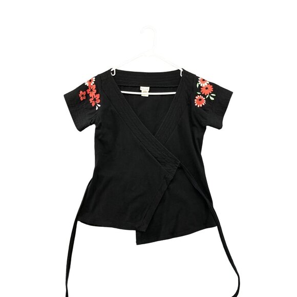 Niki Biki Womens Black Kimono Style Embroidered Wrap Top Size S Phoenix - Picture 1 of 12